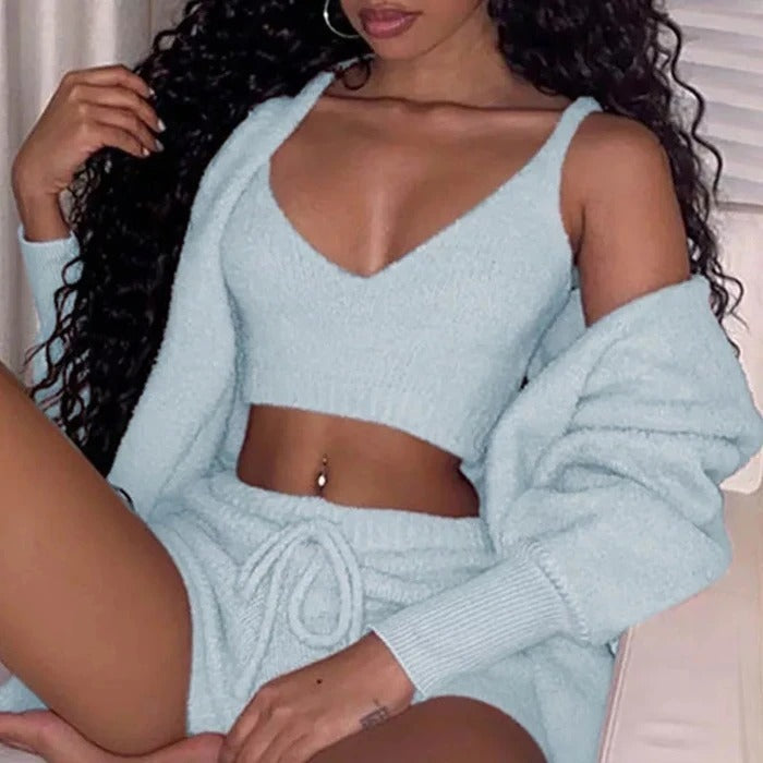 3pcs Womens Clothing Long Sleeve Crop Tank Top And Drawstring Shorts Set