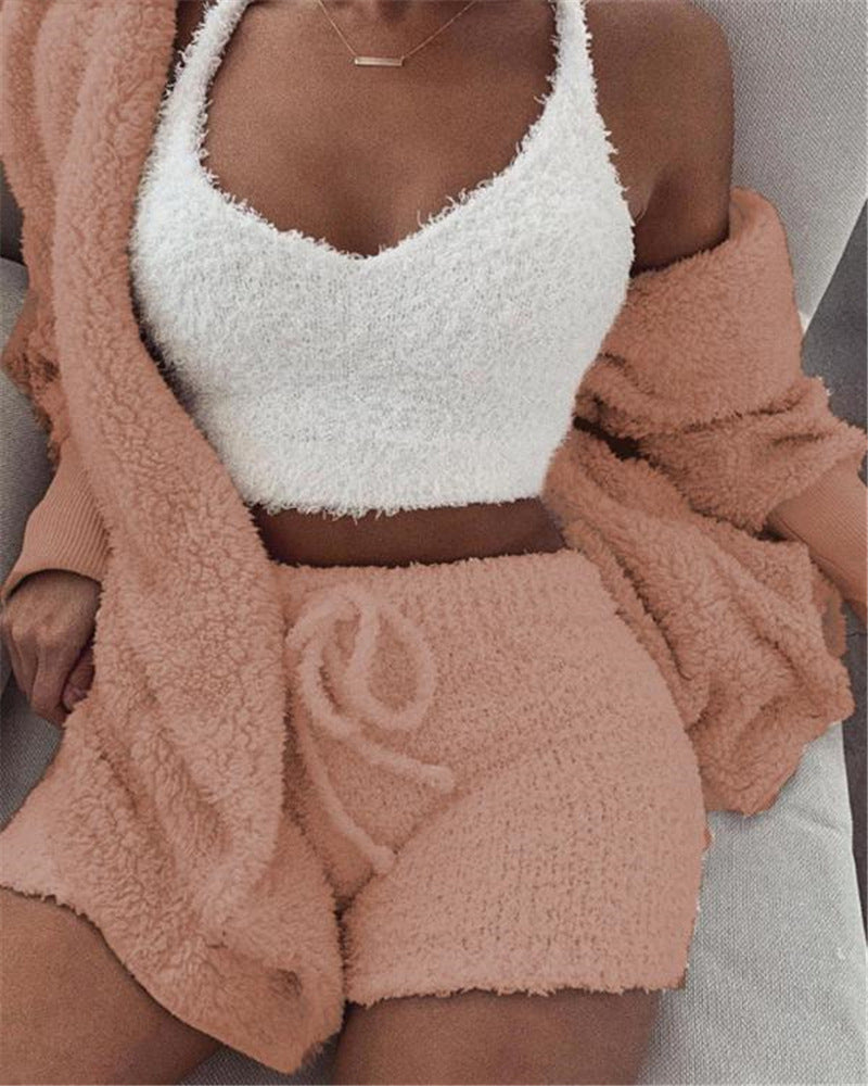 3pcs Womens Clothing Long Sleeve Crop Tank Top And Drawstring Shorts Set