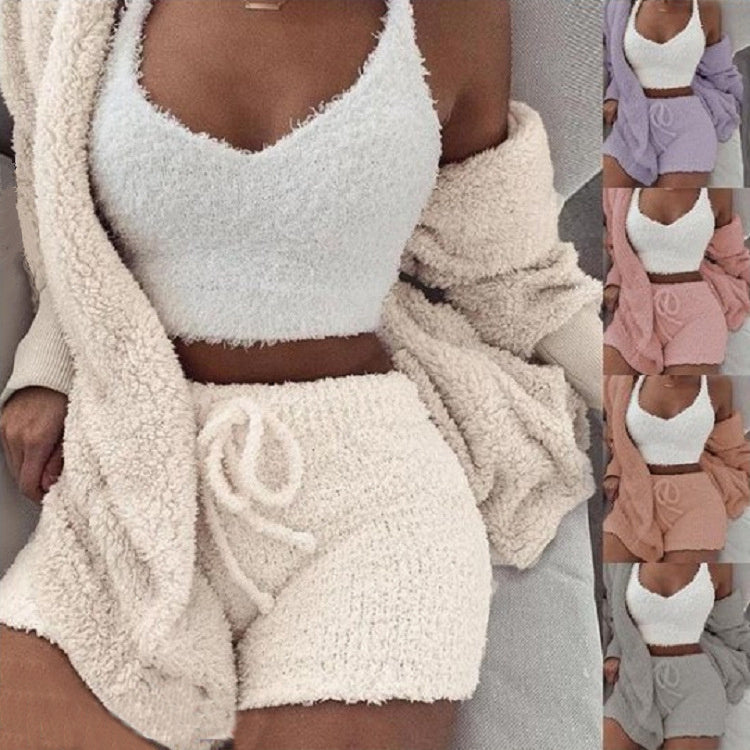 3pcs Womens Clothing Long Sleeve Crop Tank Top And Drawstring Shorts Set