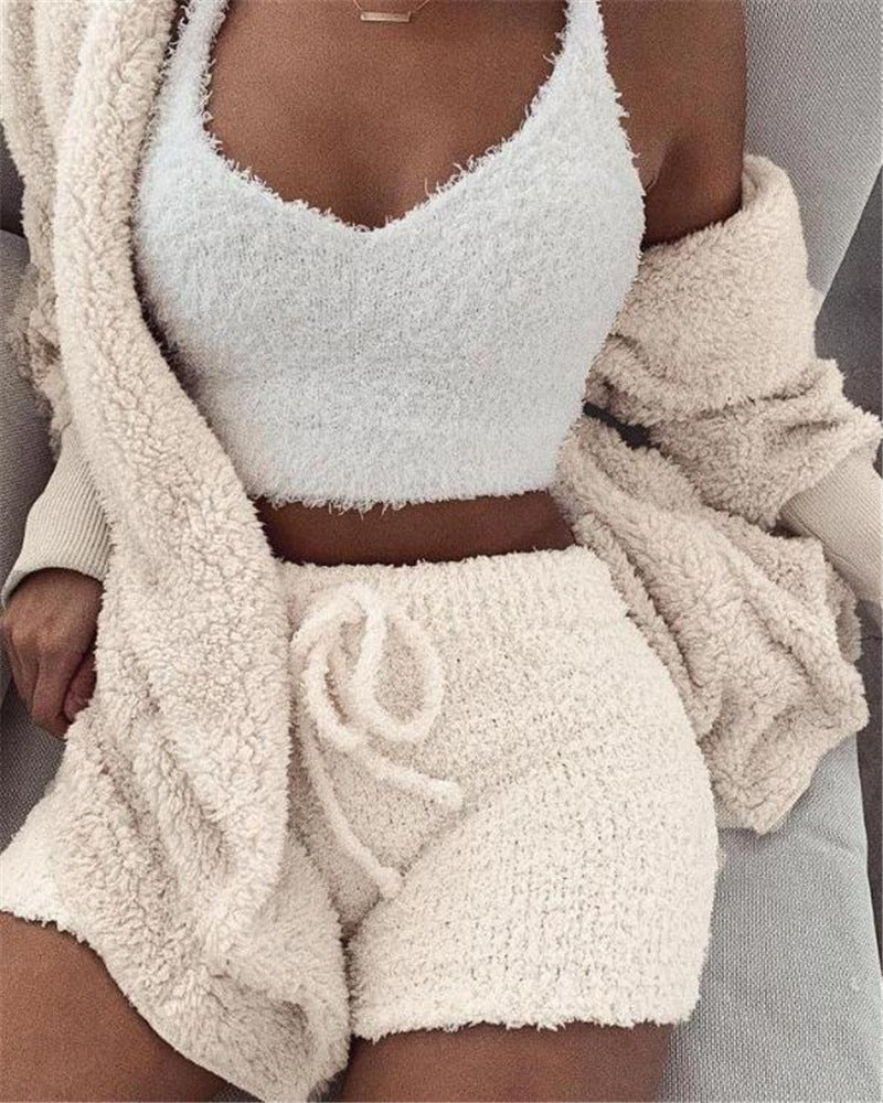3pcs Womens Clothing Long Sleeve Crop Tank Top And Drawstring Shorts Set