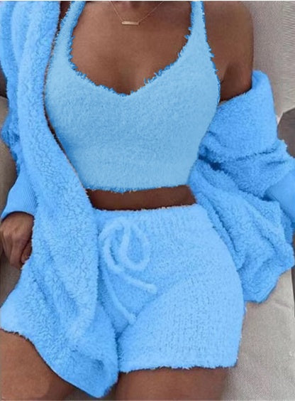 3pcs Womens Clothing Long Sleeve Crop Tank Top And Drawstring Shorts Set
