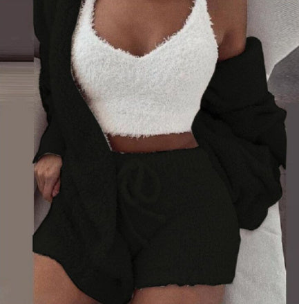 3pcs Womens Clothing Long Sleeve Crop Tank Top And Drawstring Shorts Set