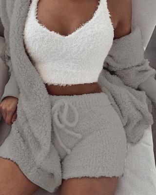 3pcs Womens Clothing Long Sleeve Crop Tank Top And Drawstring Shorts Set